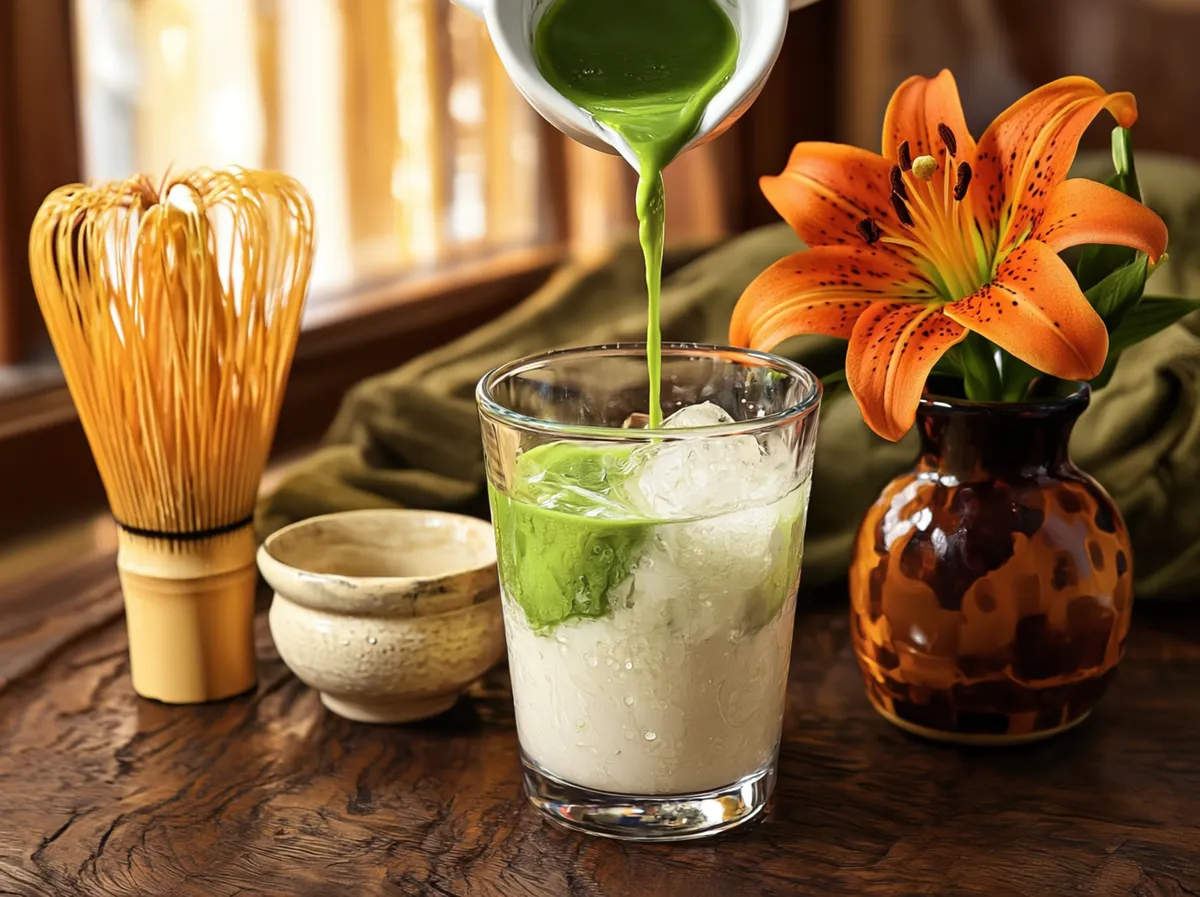 Bright green ceremonial matcha poured over oat milk and ice, with a tiger lily in a tortoiseshell vase