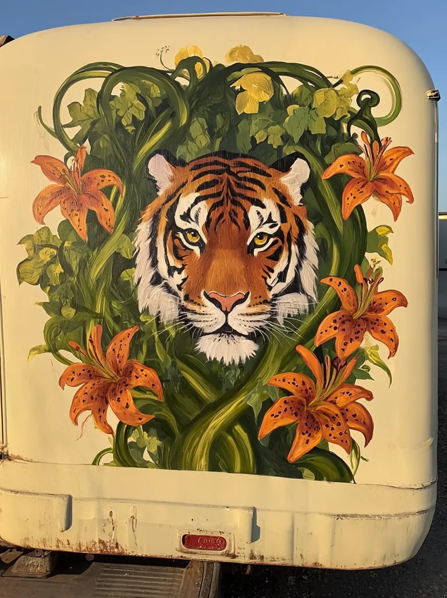 Concept of the hand-painted tiger and tiger lily mural