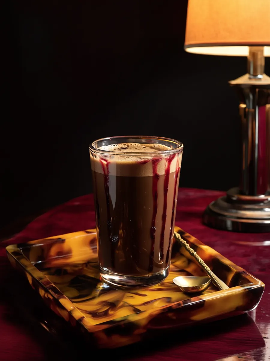 A dark chocolate cherry mocha on a tortoiseshell tray